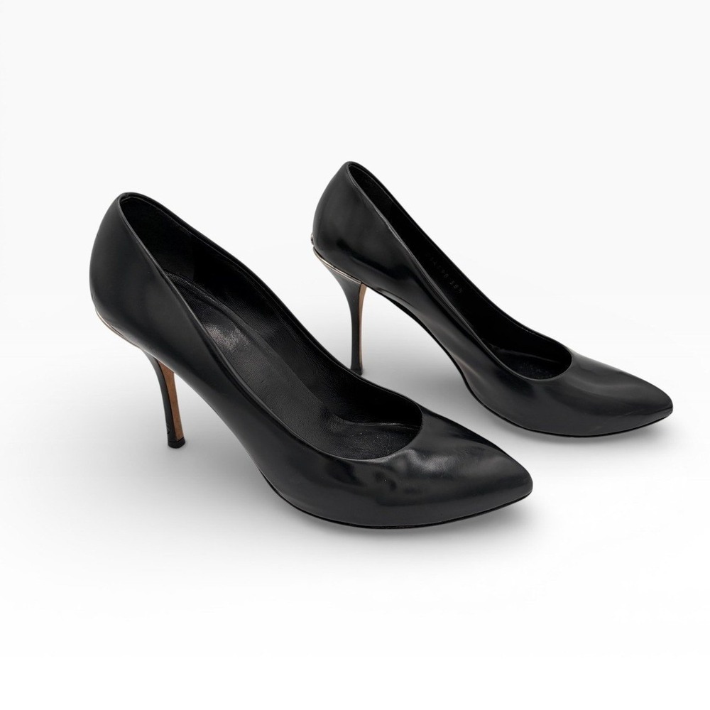 Gucci Interlocking GG Logo Sz 38.5 Classic Black Patent Leather‎ Stiletto Heels